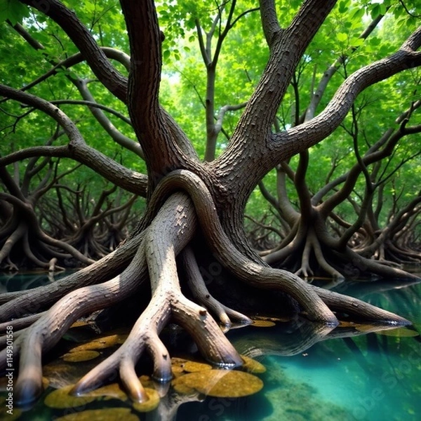 Fototapeta twisted mangrove tree branches tangled together in a knotted mass, woody, twisted