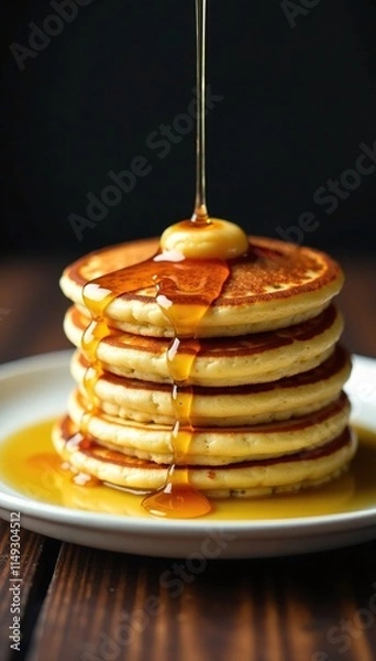 Obraz golden brown pancakes stacked high on a plate with a honey drizzle, stacked, pancakes