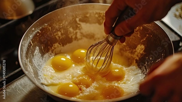 Fototapeta A close-up of a hand whisking eggs in a bowl, with yolks and whites blending together.