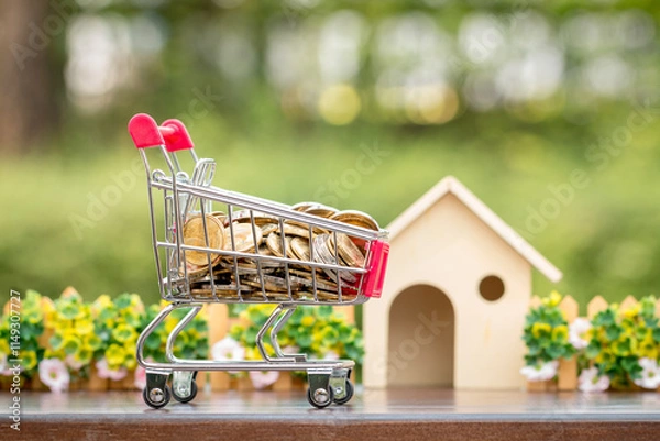 Obraz Shopping basket cart and gold coins with growing money and home model put on the wood in the public park, Business investment for real estate and property protection concept.