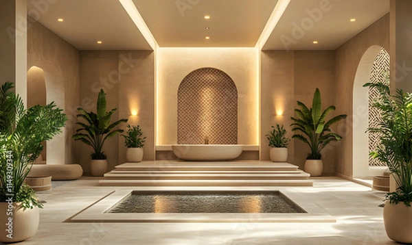 Fototapeta A serene spa interior featuring elegant design, plants, and a tranquil atmosphere.
