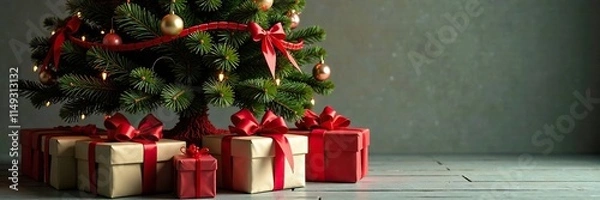 Obraz Presents stacked around the base of a tall evergreen tree with big red bows tied to its branches, lights, ornaments