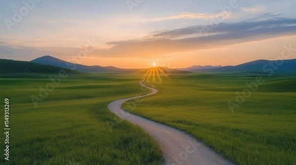 Obraz Picturesque dirt road winds through green fields. Sunbeams illuminate pathway. Landscape leads towards distant mountains. Sunset paints sky with vibrant colors. Tranquil, serene scenery. Perfect for