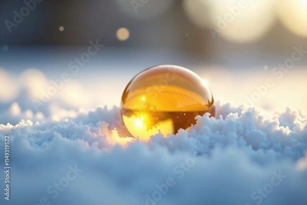 Fototapeta Single golden honeydrop resting on a snow-like white surface, airy, serene