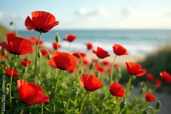 Fototapeta A sea of vibrant red poppies swaying gently in the ocean breeze, nature, red poppies