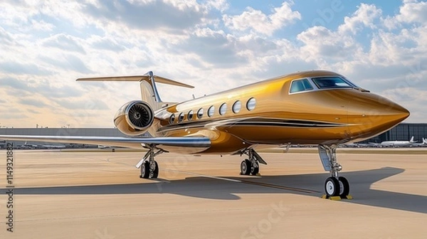 Fototapeta Luxurious golden private jet parked on runway under bright blue sky with fluffy clouds
