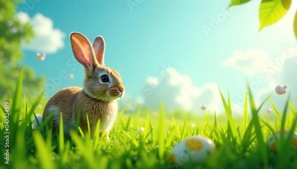 Fototapeta The Easter bunny disappears into a patch of tall grass, blades, grass