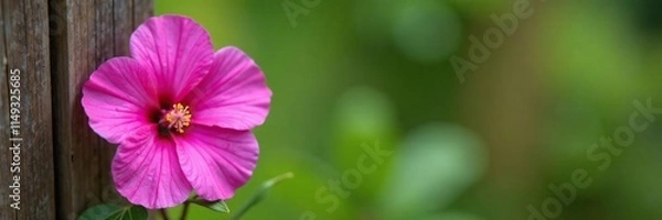 Fototapeta Single Althaea rosea bloom on a rustic wooden fence, closeup, details