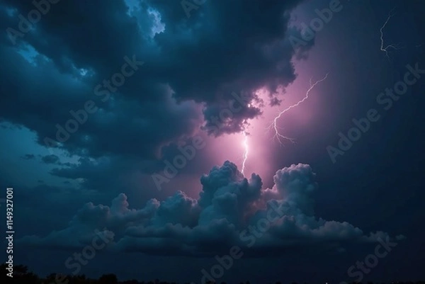 Obraz Dark stormy sky with heavy rain clouds and lightning, ominous, atmospheric, somber