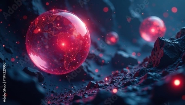 Fototapeta Radiant spheres floating amidst a void of ebony darkness, otherworldly sphere, shimmering void, glowing orbs