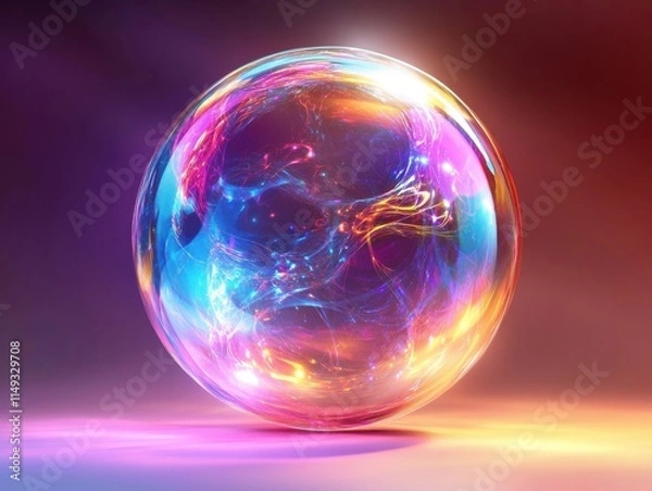 Obraz A colorful, glowing sphere with a blue center. The sphere is surrounded by a rainbow of colors, and it is floating in mid-air. The image has a dreamy, ethereal quality to it