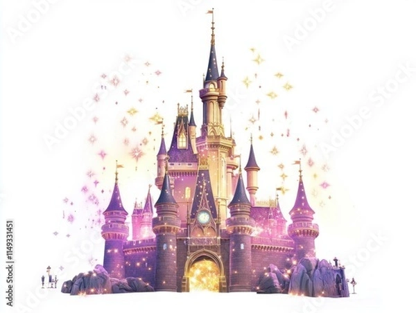 Obraz A large, colorful castle with a clock tower and a golden gate. The castle is surrounded by a white background