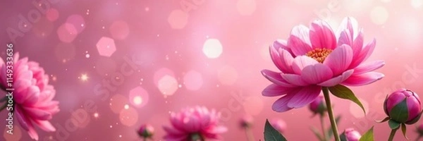 Obraz Pink peonies in a field of sparkles against a soft pink glitter background, peony, floral