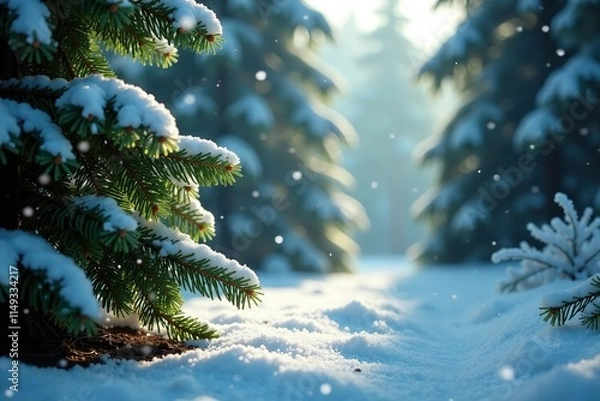 Fototapeta Snowflakes gently falling on the evergreen trees and forest floor, evergreen, delicate