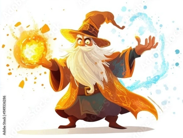 Obraz A wizard is holding a glowing ball in his hand. The wizard is wearing a hat and a robe. The scene is set in a fantasy world