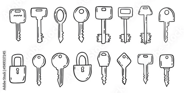 Fototapeta Sketch hand drawn doodle key icon set. Vintage locks and keys. Outline decor security elements collection.