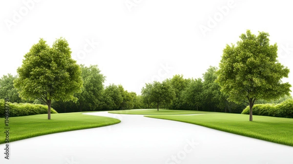 Fototapeta A park with a path that runs between two trees on transparent background