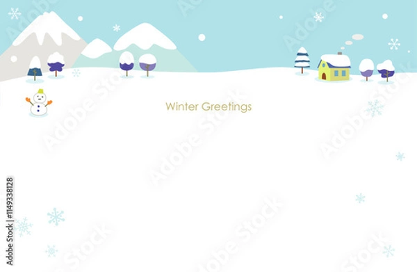 Obraz 山と小さな家とゆきだるまの冬のメッセージカードイラスト