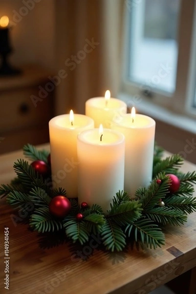 Fototapeta Four white candles in a circular arrangement on a wooden table or shelf, candles, holiday decor, circular