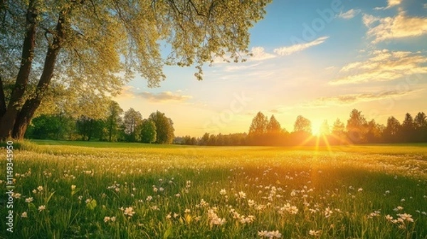Fototapeta spring meadow landscape with trees at sunrise
