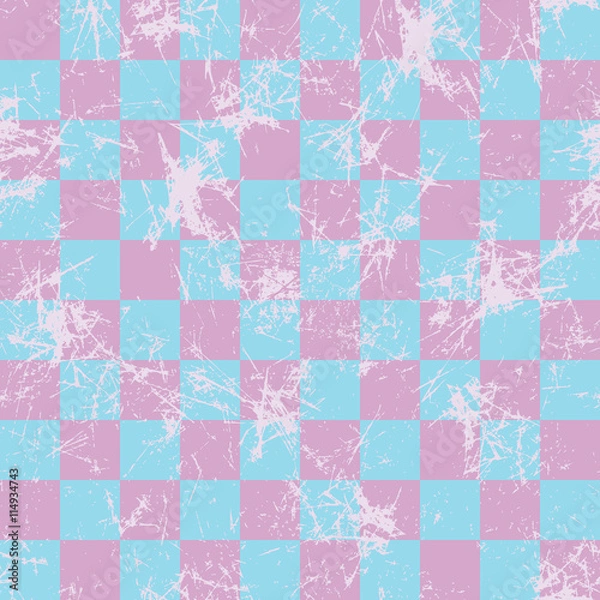 Fototapeta Seamless vector pattern. Creative geometric checkered blue and pink background with squares. Texture with attrition, cracks and ambrosia. Old style vintage design. Graphic illustration.