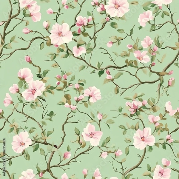 Fototapeta Floral vine pattern with soft pink blooms on a green background, pattern, romantic and natural