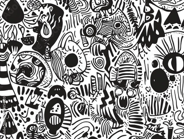 Fototapeta Handdrawn doodle pattern with quirky abstract elements, pattern, whimsical and creative