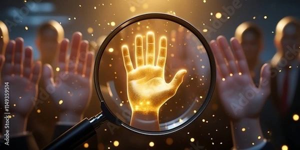 Fototapeta Magnifying glass illuminates a glowing hand raised among a group, symbolizing leadership potential and recognition
