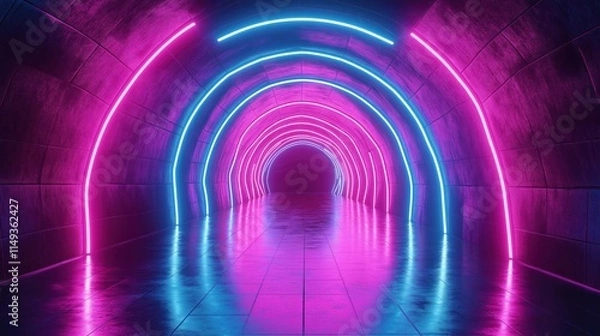 Fototapeta Futuristic tunnel with vibrant pink, blue neon lights. Stylish tech corridor design. Abstract 3D render modern design concepts. Elegant graphic illustration. Dark background for product presentations