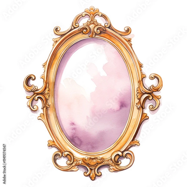 Fototapeta Antique Oval Mirror with Watercolor Effect. Concept of Luxury, Elegance, and Reflection.