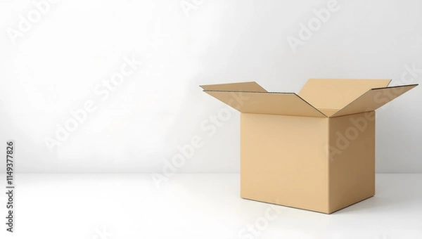 Fototapeta Open cardboard box on floor, white background.