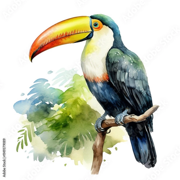 Fototapeta Colorful Toucan Watercolor Illustration. Tropical Bird Art Print.
