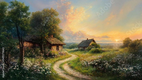 Fototapeta An oil painting of a house in the countryside. Field house sky clouds green trees. A green field with trees and a house. Lifestyle.