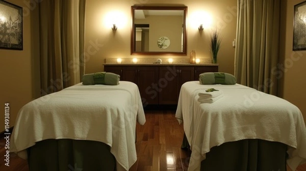 Obraz Relaxing Spa Setting with Two Massage Tables
