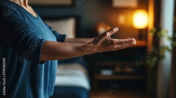 Fototapeta Person stretching in a serene bedroom, embracing tranquility and self-care, symbolizing relaxation and renewal in a calm personal space