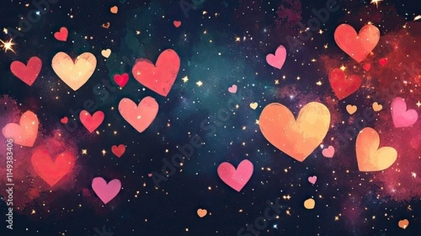 Fototapeta A cosmic Valentine's banner with a starry galaxy backdrop and radiant heart constellations, blending romance with wonder.