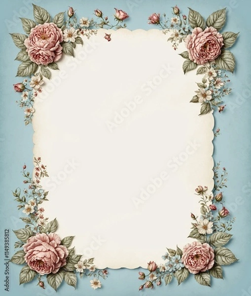 Obraz Vintage floral frame with elegant pink roses and delicate foliage on a soft blue background. Ideal for invitations, romantic events, wedding stationery, or decorative designs.

