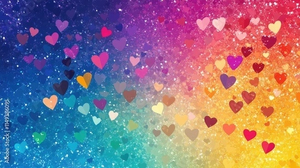 Fototapeta A vibrant Valentine's poster with cascading confetti hearts in a rainbow gradient, perfect for an inclusive celebration of love.