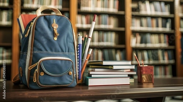 Fototapeta Back to school mockup with a cool backpack, math books, and stationery on a peaceful library background, with a mockup