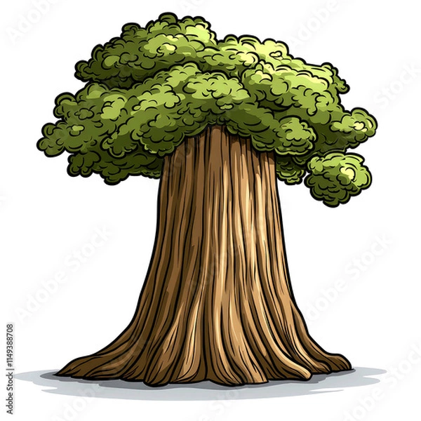 Fototapeta Cartoon illustration of a large tree with thick trunk and lush green crown.