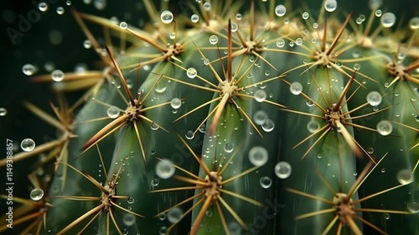 Fototapeta Hyper-realistic background showing water drops on a cactus with detailed thorns. full ultra hd, high resolution