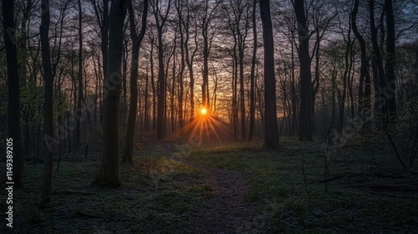 Fototapeta sunrise in the forest in spring