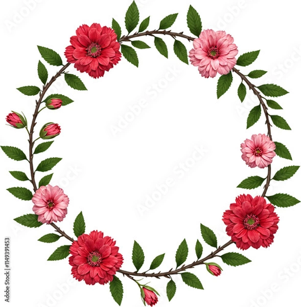 Obraz A circular floral wreath composed of pink and red flowers interwoven with green leaves on a thin brown vine. The design is symmetrical, vibrant, and suitable for decorative or seasonal themes.