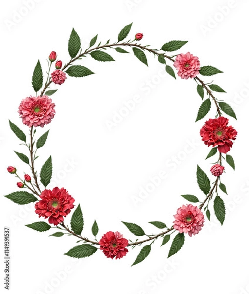 Fototapeta A circular floral wreath composed of pink and red flowers interwoven with green leaves on a thin brown vine. The design is symmetrical, vibrant, and suitable for decorative or seasonal themes.