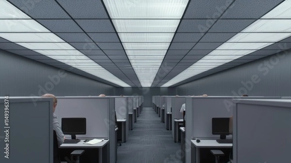 Obraz Dystopian Corporate Chaos: Depiction of Workers in Gloomy Cubicle Farm with Flickering Lights - Photorealistic 3D Render Illustration