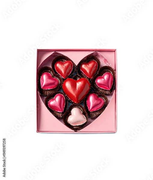 Obraz A box of heart-shaped chocolates and candies arranged in red cupcake liners. The assortment includes pink, white, and dark chocolate hearts, symbolizing love and sweetness.