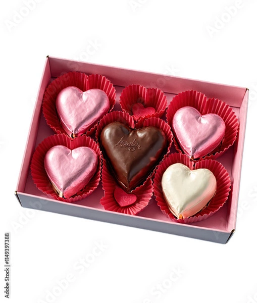 Obraz A box of heart-shaped chocolates and candies arranged in red cupcake liners. The assortment includes pink, white, and dark chocolate hearts, symbolizing love and sweetness.