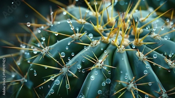 Fototapeta Hyper-realistic background showing water drops on a cactus with detailed thorns. full ultra hd, high resolution