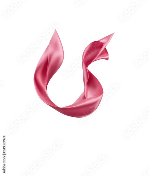 Obraz A flowing pink satin ribbon in mid-air, twisted into an elegant curve. Isolated on a white background. Ideal for design, decoration, packaging, and celebratory themes.