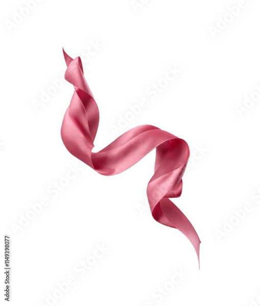 Obraz A flowing pink satin ribbon in mid-air, twisted into an elegant curve. Isolated on a white background. Ideal for design, decoration, packaging, and celebratory themes.